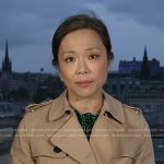 Weijia Jiang’s green print dress and trenc coat on CBS Evening News
