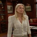 Brooke’s beige checked cardigan and metallic pants on The Bold and the Beautiful