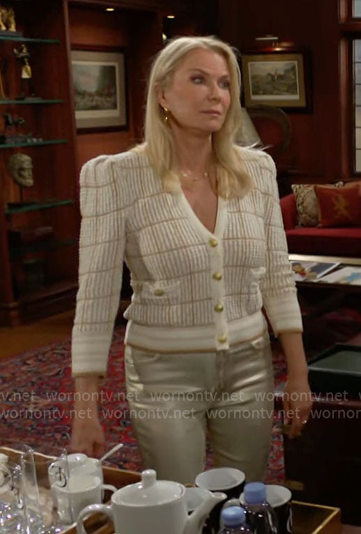 Brooke's beige checked cardigan and metallic pants on The Bold and the Beautiful