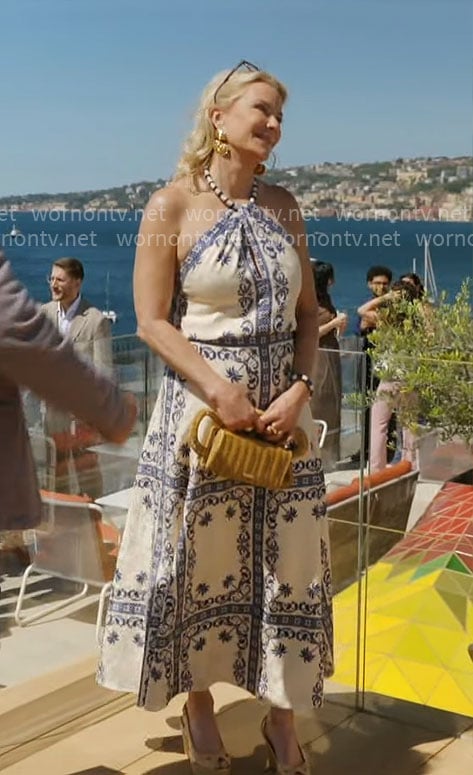 Brooke’s blue and white printed halter top and skirt set in Italy on The Bold and the Beautiful