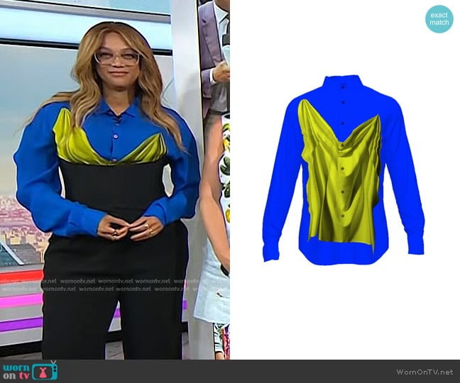 Bruce Glen Drape Button Up Shirt in Blue worn by Tyra Banks on Today