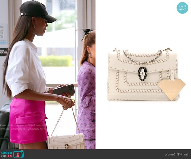 Bvlgari Calfskin Woven Chain Serpenti Forever Crossbody Bag in White worn by Kiki Barth (Kiki Barth) on The Real Housewives of Miami