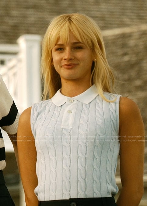 Mirren's blue cable knit sleeveless top on We Were Liars
