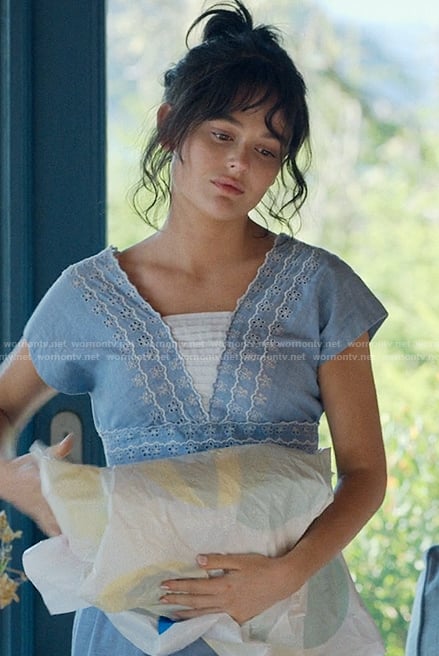 Cadence’s blue embroidered dress on We Were Liars
