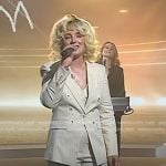 Cam’s beige metallic pinstripe blazer and pants on Today