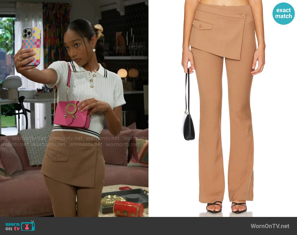 Samantha’s camel skirt overlay pants on Beyond the Gates