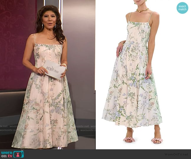 Camilla Floral Linen-Silk Corset Fit & Flare Maxi Dress worn by Julie Chen on Big Brother