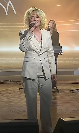 Cam’s beige metallic pinstripe blazer and pants on Today