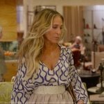 Carrie’s printed top and brown leather bag on And Just Like That