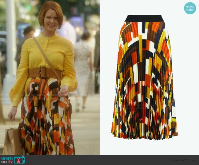 Carolina Herrera Geometric Printed Pleated Midi Skirt worn by Miranda Hobbs (Cynthia Nixon) on And Just Like That