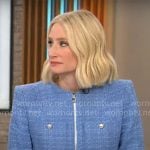 Caroline Polisi’s blue tweed zip up jacket on CBS Mornings