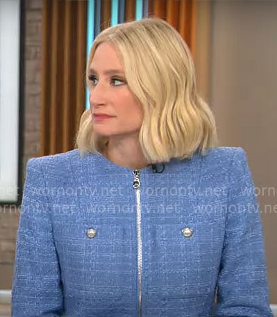 Caroline Polisi's blue tweed zip up jacket on CBS Mornings