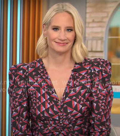 Caroline Polisi’s geometric print ruched dress on CBS Mornings