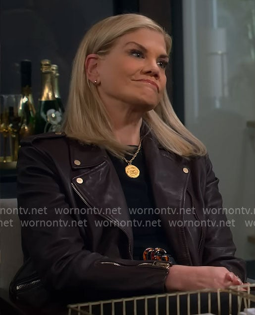 Carol's burgundy leather moto jacket on Leanne