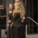 Carrie’s black sheer off shoulder dress on And Just Like That