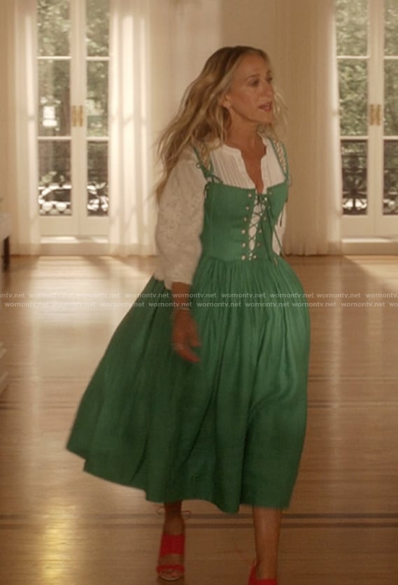 Carrie's green lace-up dress on And Just Like That