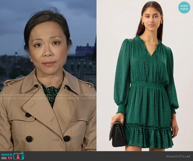 CeCe Long Sleeve Tie Neck Dress worn by Weijia Jiang on CBS Evening News