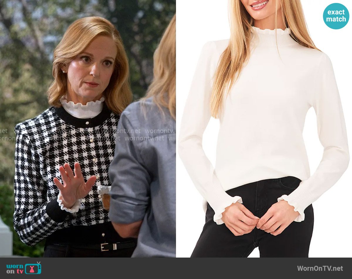 CeCe Ruffle Trim Mock Neck Sweater worn by Mary (Jayma Mays) on Leanne
