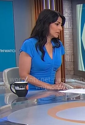 Celine Gounder's blue ruched front dress on CBS Mornings