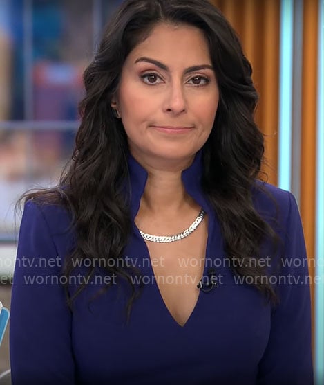 Celine Gounder's blue split-neck dress on CBS Mornings