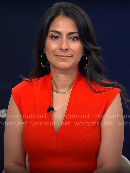 Celine Gounder’s red v-neck dress on CBS Mornings