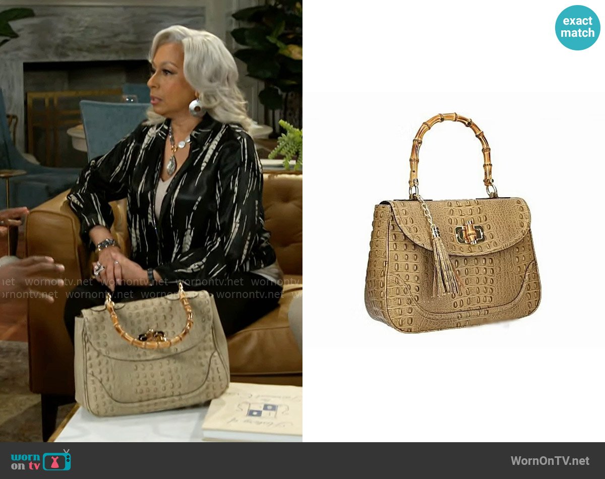 Charlies Leather Izzie Medium Handbag in Croco Taupe worn by Anita Dupree (Tamara Tunie) on Beyond the Gates