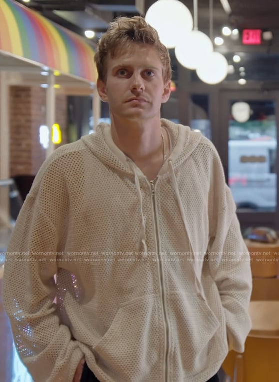 Charlie’s white crochet knit hoodie on Next Gen NYC