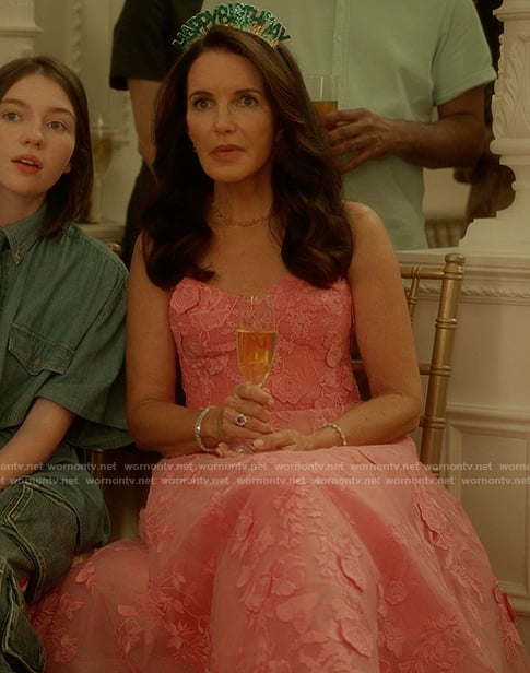 Charlotte's pink embroidered floral dress on And Just Like That