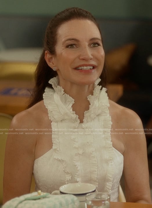 Charlotte's white ruffle front dress on And Just Like That