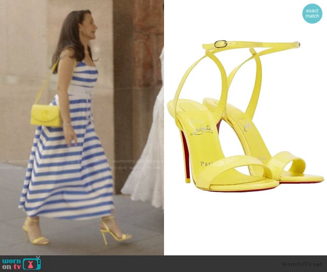 Christian Louboutin Loubigirl 100 patent leather sandals worn by Charlotte York (Kristin Davis) on And Just Like That