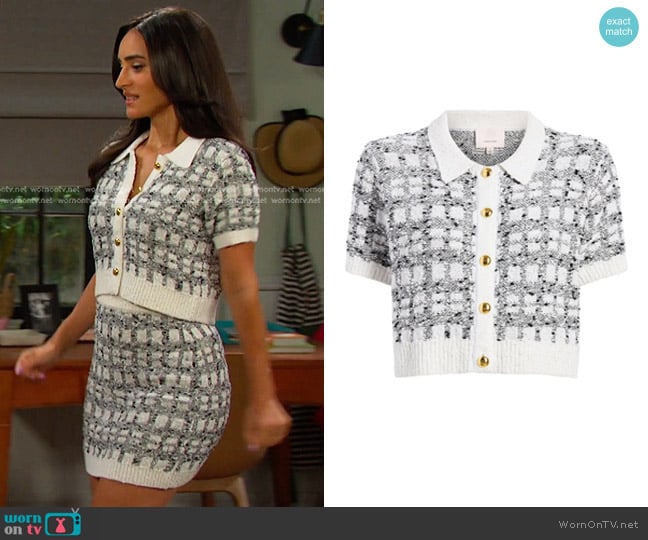 Cinq a Sept Adalee Cropped Cardigan in Black & White worn by Gabi Hernandez (Cherie Jimenez) on Days of our Lives