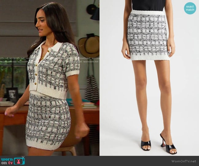 Cinq a Sept Adalee Metallic Tweed Miniskirt in Black & White worn by Gabi Hernandez (Cherie Jimenez) on Days of our Lives