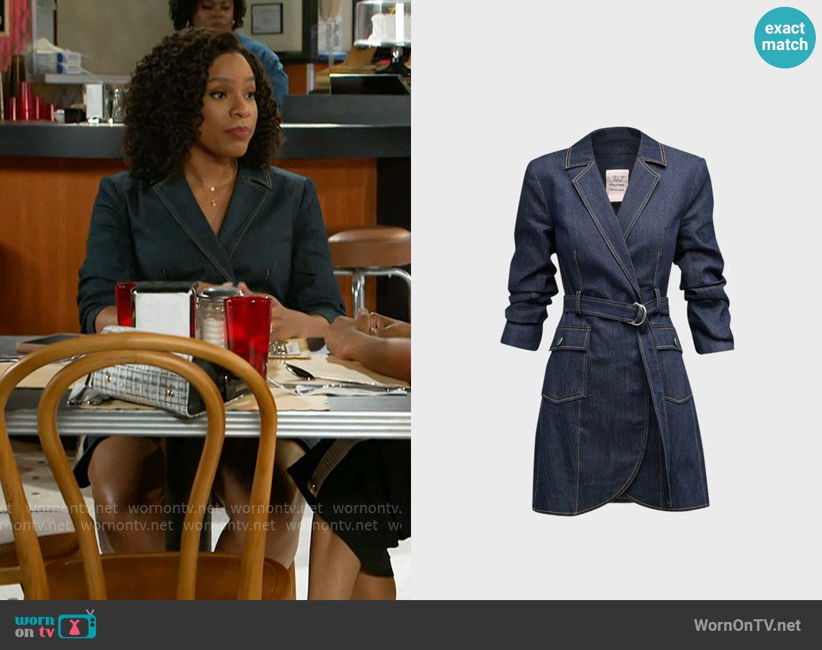 Cinq a Sept Jenessa Belted Denim Blazer Dress worn by Naomi Hamilton Hawthorne (Arielle Prepetit) on Beyond the Gates