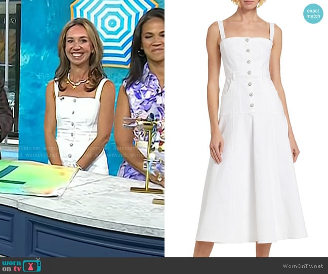 Cinq a Sept Veena Denim Strapless Midi-Dress in White worn by Shannon Doherty on Today
