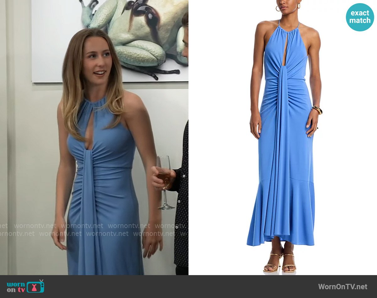 Josslyn’s blue draped cutout dress on General Hospital