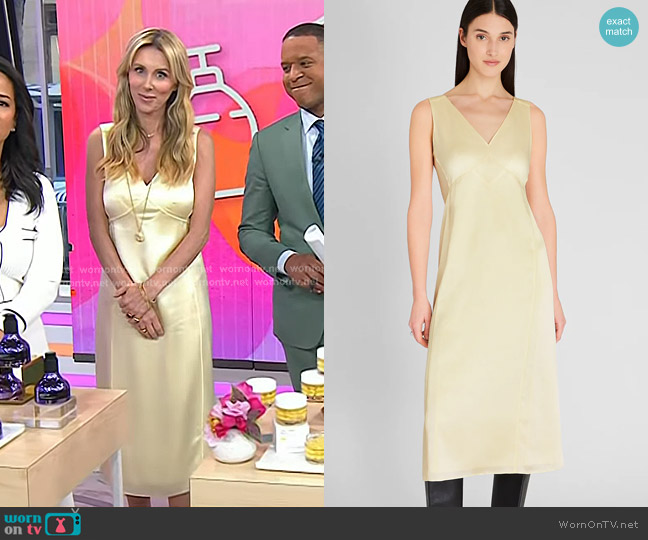 Club Monaco Deconstructed Satin Slip Midi Dress in Pale Yellow worn by Sarah Eggenberger on Today