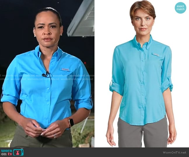 Columbia Tamiami II Long Sleeve Shirt in Atoll worn by Linsey Davis on Good Morning America