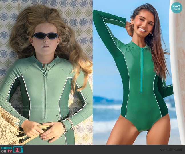 Cupshe Colorblock Zip-Up Long Sleeve Rashguard Swimsuit worn by Bonnie ( Emerson MacNeil) on We Were Liars