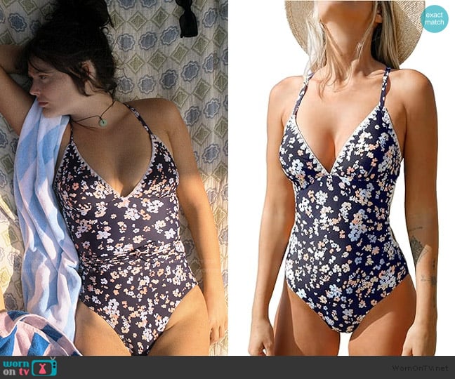 Cupshe One Piece Swimsuit Deep V Neck Back Crisscross Lace Up worn by Cadence Sinclair Eastman (Emily Alyn Lind) on We Were Liars