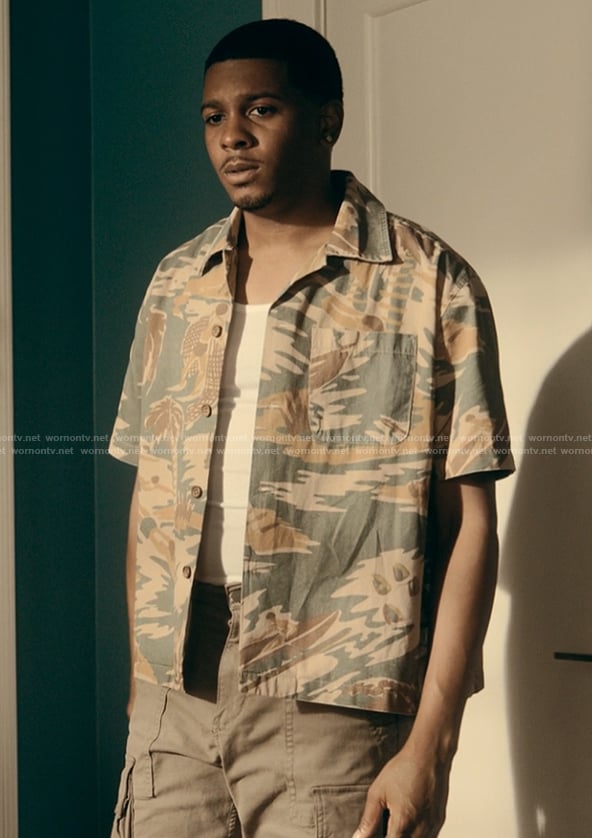 Damien's camo print shirt on The Chi