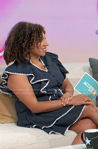 Damona Hoffman’s navy ruffle dress on Access Hollywood