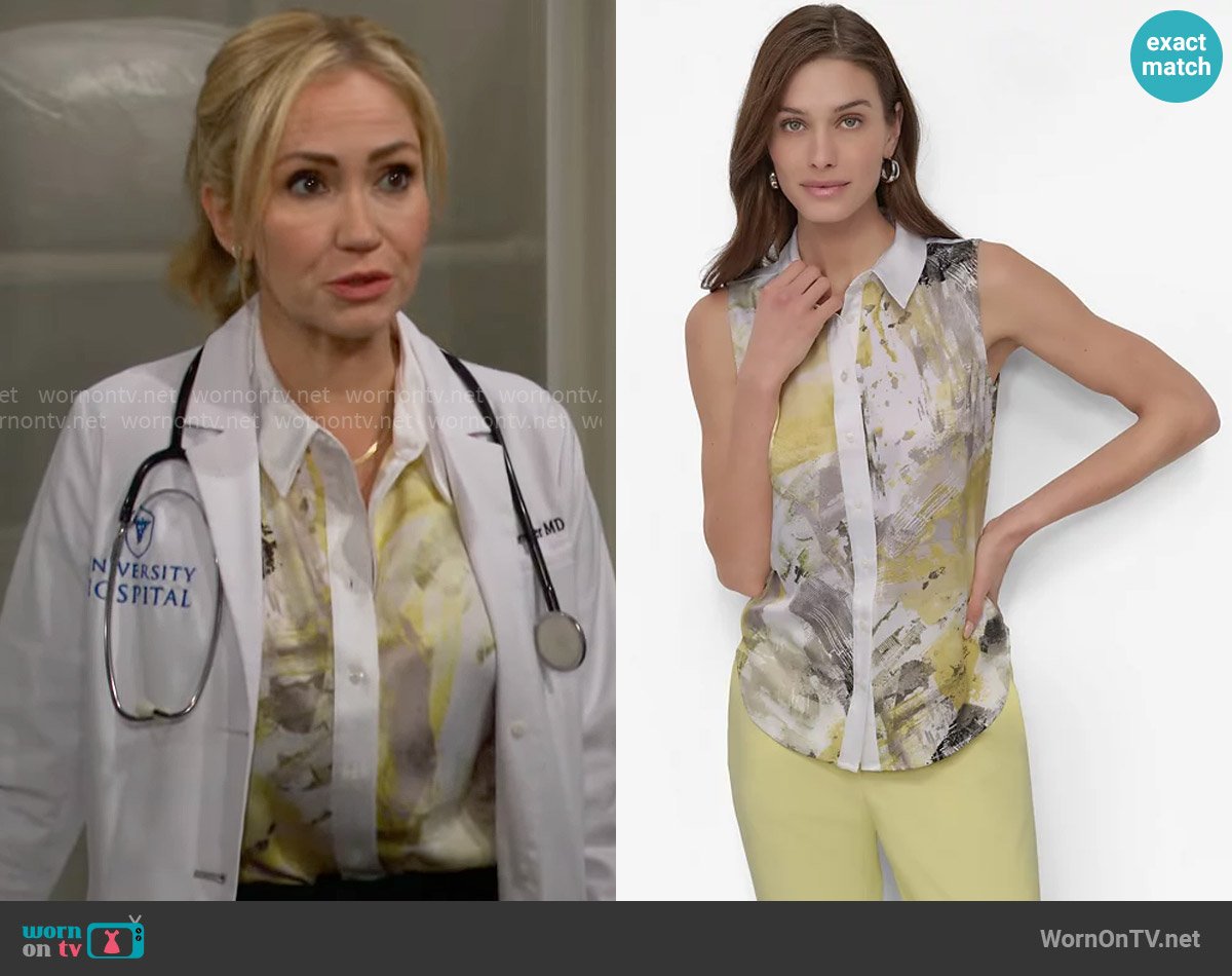 DKNY Printed Sleeveless Collared Blouse worn by Bridget Forrester (Ashley Jones) on The Bold and the Beautiful