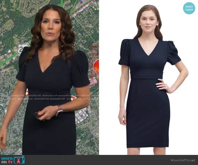 DKNY Puff-Sleeve Sheath Dress in Navy worn by Heather O’Rourke on Good Morning America