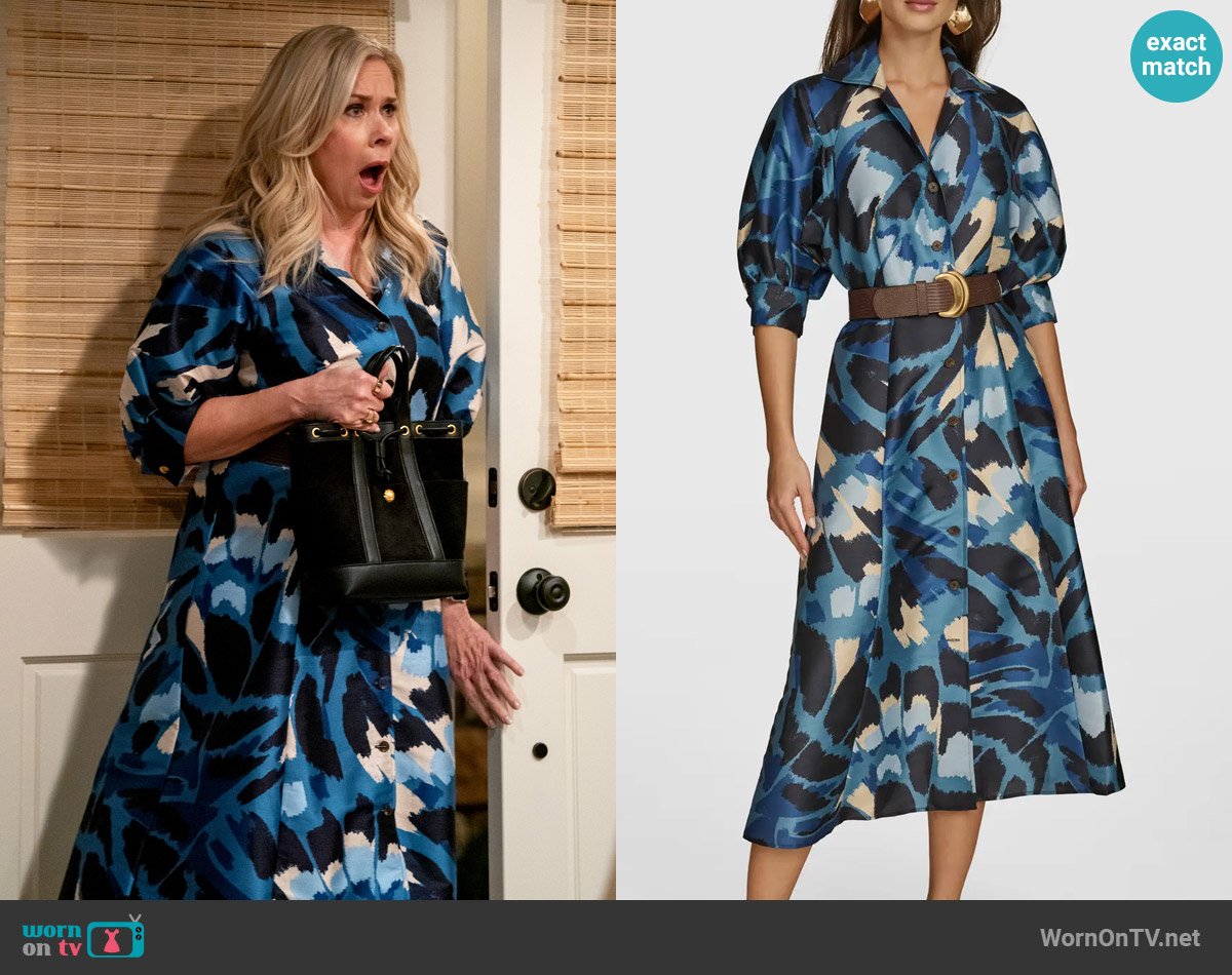 Donna Karan Belted Shantung Midi Shirtdress in Horizon Multi worn by Leanne Murphy (Leanne Morgan) on Leanne