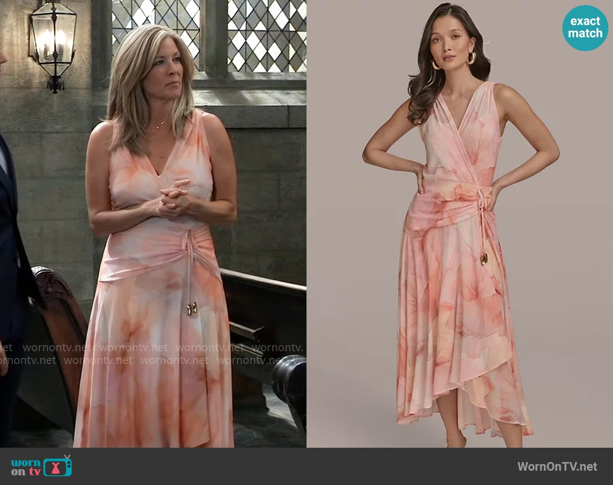 Donna Karan Printed Ruched A-Line Dress in Apricot worn by Carly Spencer (Laura Wright) on General Hospital