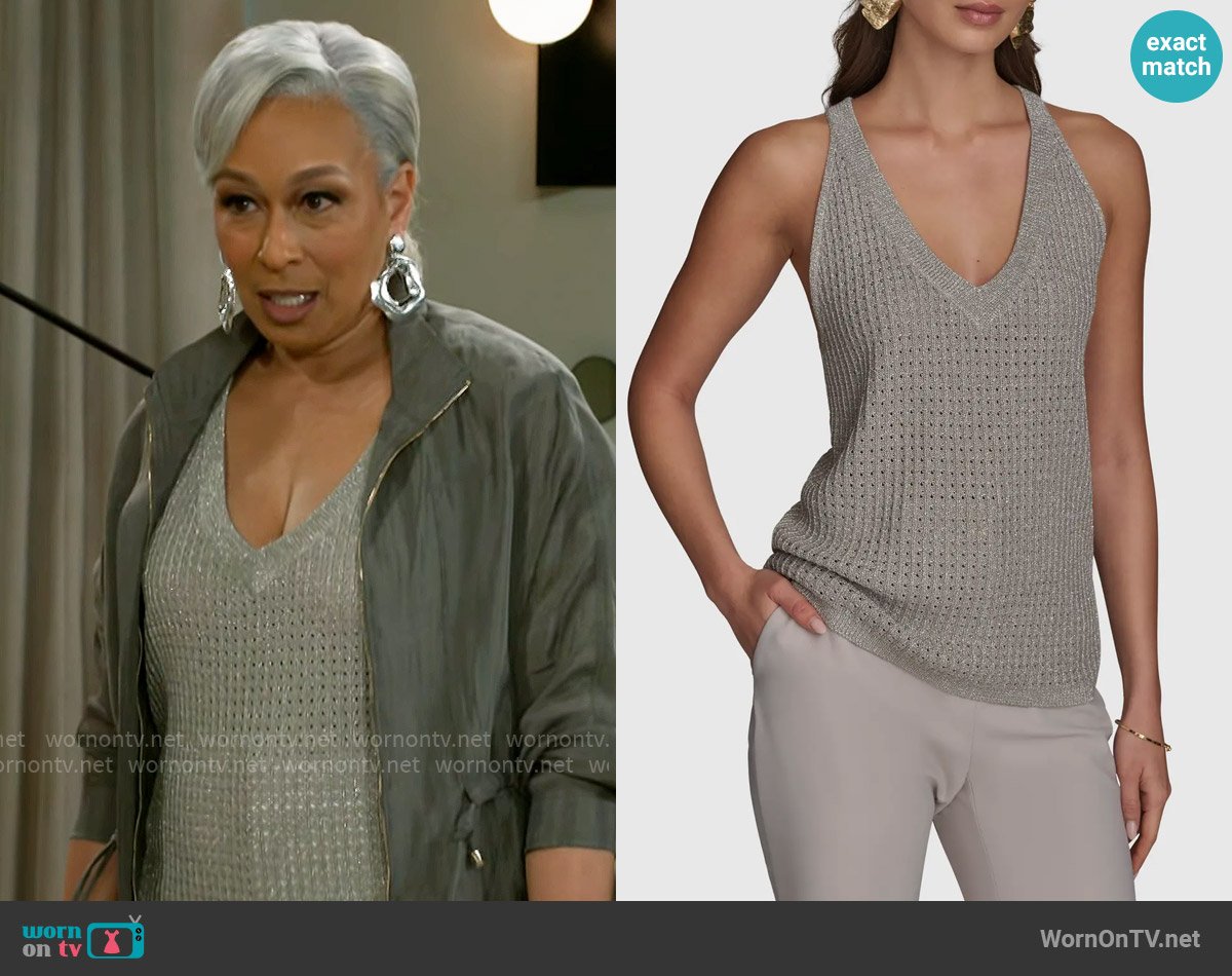 Donna Karan V-Neck Pointelle Sweater Tank worn by Anita Dupree (Tamara Tunie) on Beyond the Gates