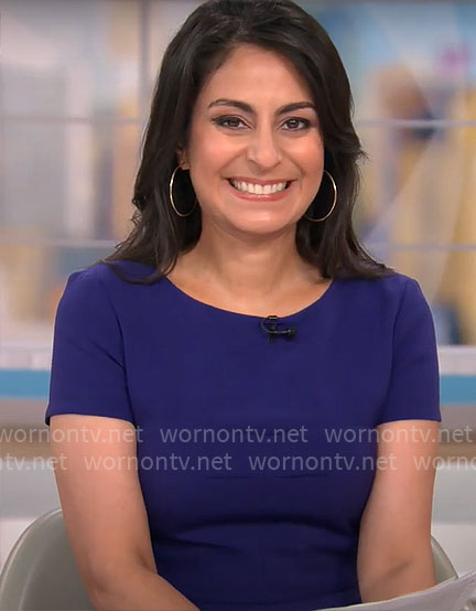 Dr. Celine Gounder's purple short sleeve dress on CBS Mornings