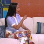 Dr. Roshini Raj’s blue cardigan and floral print pants on Live with Kelly and Mark
