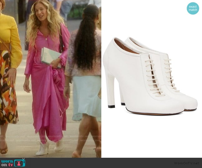 Dries Van Noten White Lace-Up Low Ankle Heels worn by Carrie Bradshaw (Sarah Jessica Parker) on And Just Like That