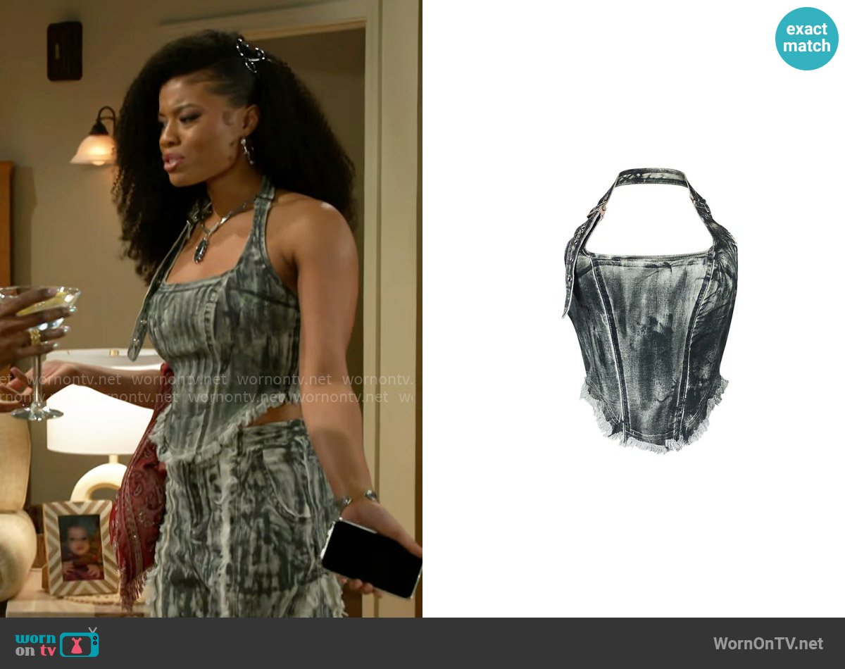 Edge Addison Washed Halter Corset Top worn by Eva Thomas (Ambyr Michelle) on Beyond the Gates